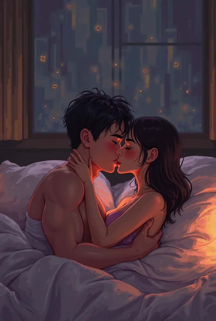 Boy and woman, beautiful woman, kissing each other with passion, in a bedroom, bright room, candles lit, night time,