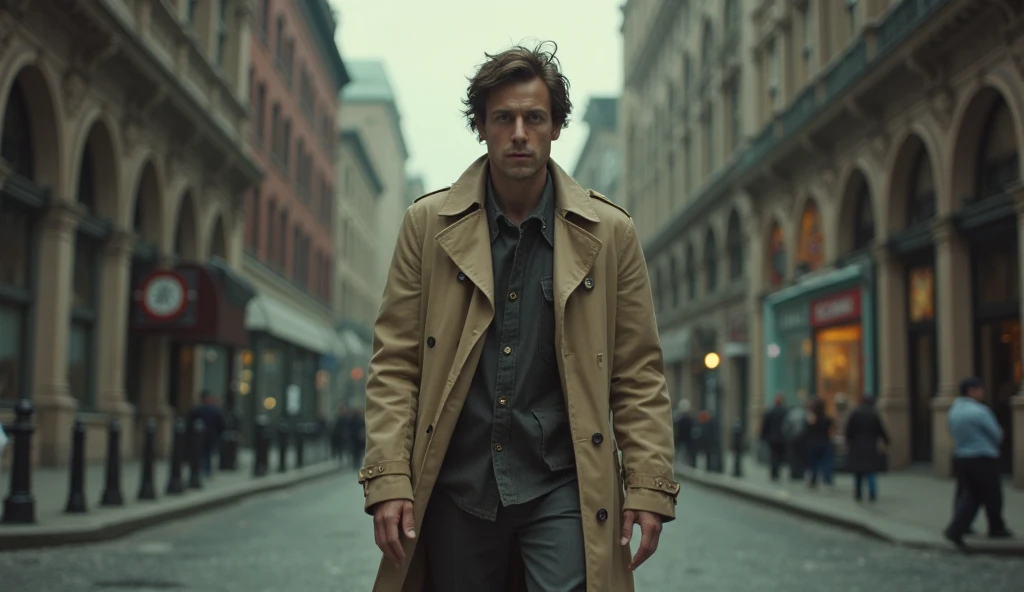 John Constantine, messy blond hair, blue eyes, thin beard, wearing a white dress shirt, beige overcoat, loose red tie, smoking a cigarette, walking through the streets of London, cinematic lighting, cinematic angle, best quality, masterpiece, perfect anatomy, highres, ultra-detailed, 8k, detail, unique, aesthetics, HDR, Photorealistic, Hyperrealistic, Hyperdetailed, analog style, soft lighting, subsurface scattering