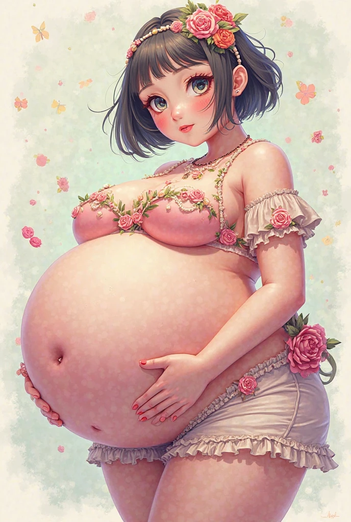Girl with short wavy white hair with a single plant on her head,body with big hips and thighs,a lot of chestiness,she is naked