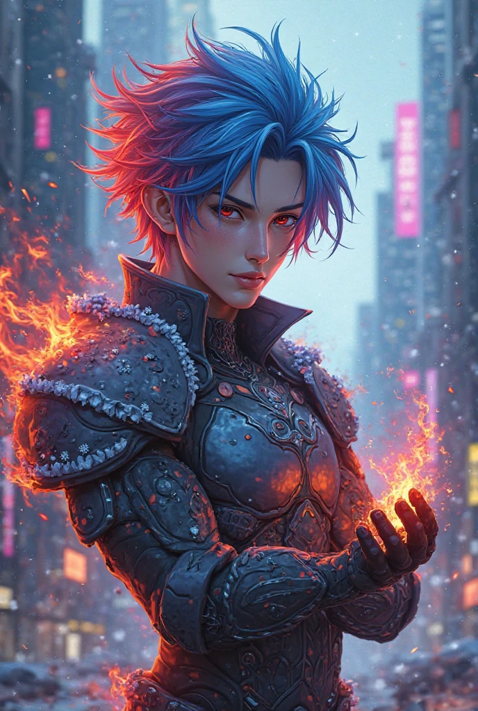 A humanoid boy with a cracked cyan face and red eyes, in the style of twisted branches, vray tracing, made of insects, burning/ charred, technological design, supernatural creatures, realistic human figures, subsurface fireflies, burning blue cotton hair --auto