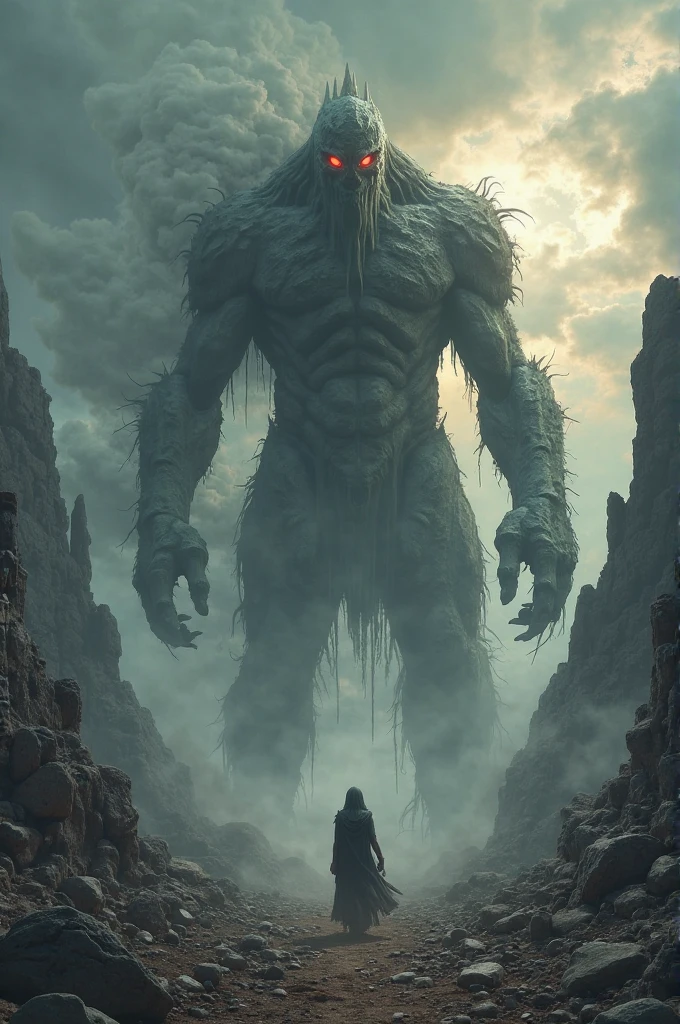 At a background huge giant creature looking at a queen