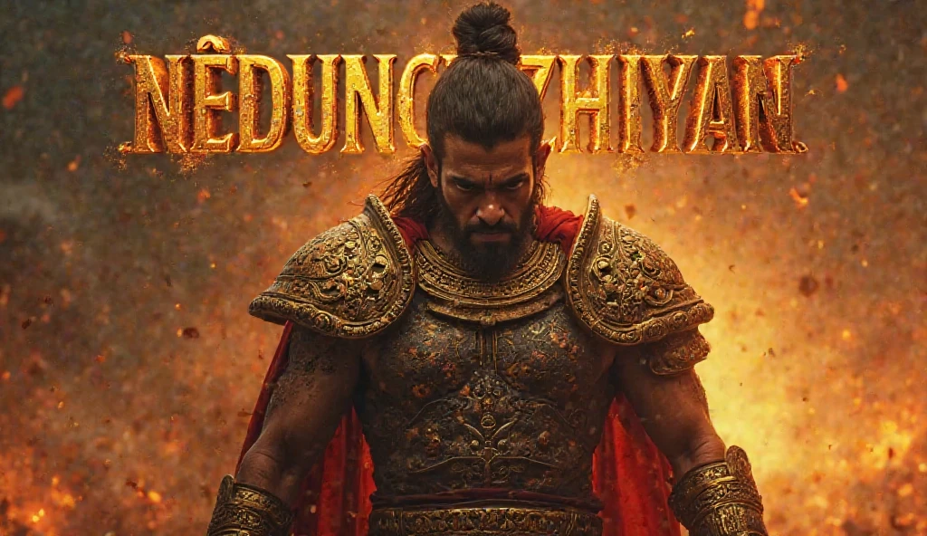Black African man in cobalt blue pants with dagger weapons, iron on the waist and a knife attached to the side and Mariow's face with a wind effect barefoot with a spear in his hand in close-up , in an African dirt site with some foliage . Hyperrealistic image written in blue with gold in capital letters OGUN at the foot of the image