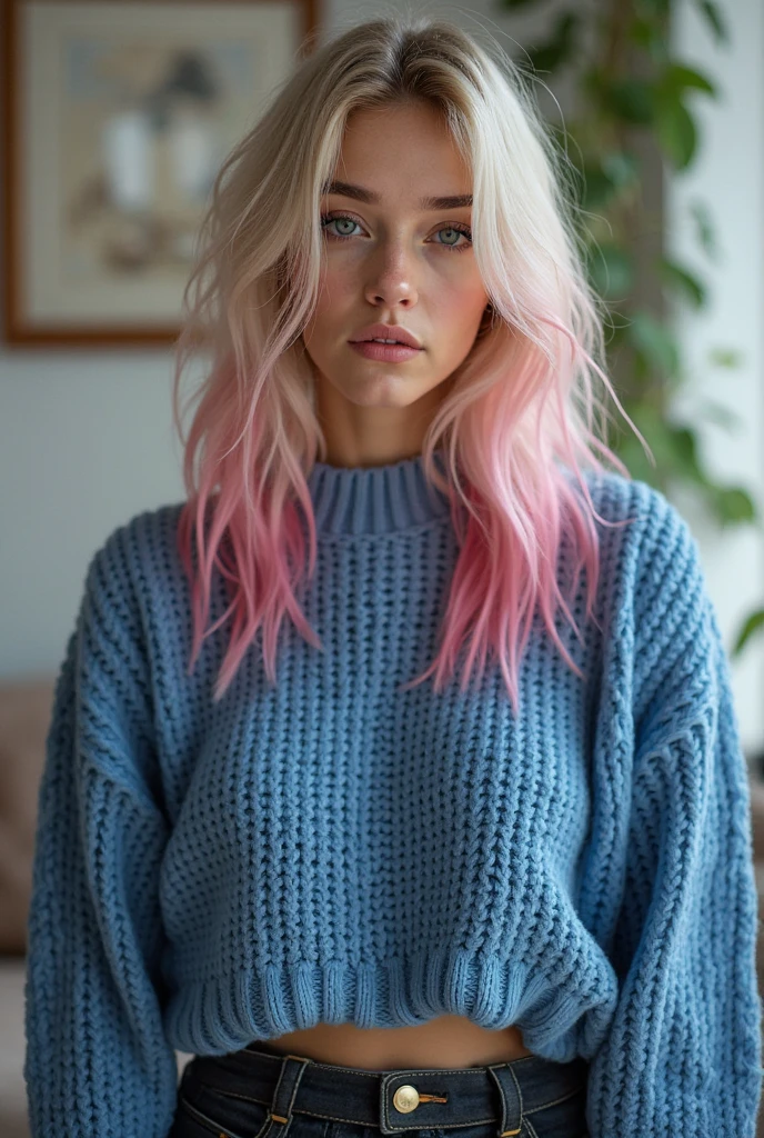 girl with mid, straight pink hair and striking blue eyes ; prennent un selfie. Elle regarde directement la caméra avec une expression amicale et naturelle. Elle a longtemps, cheveux raides et porte une tenue décontractée. je'the background is simple interior decor, possibly a cozy living room or a bright room, well-lit room. je'image doit capturer un style moderne, everyday moment with a realistic and very high quality rendering. Tout dans l'image, y compris la femme, expression du fils, and the setting, devrait être aussi réaliste que possible, with natural lighting illuminating the scene. Facial details should be extremely detailed and realistic, avec des textures ultra réalistes. jees yeux doivent être particulièrement complexes et réalistes, mettant en évidence les détails complexes de la texture, cheveux, Effets scintillants, et couleur vibrante. Toutes les textures de l'l'image needs to be enhanced to an ultra-realistic level. en plus, ajouter un effet de grain de film (CENTRE VILLE) By the way'image pour lui donner une qualité cinématographique. je'image doit avoir la qualité cristalline d'une photographie Fujifilm XT3., with the beautiful face framed in the center