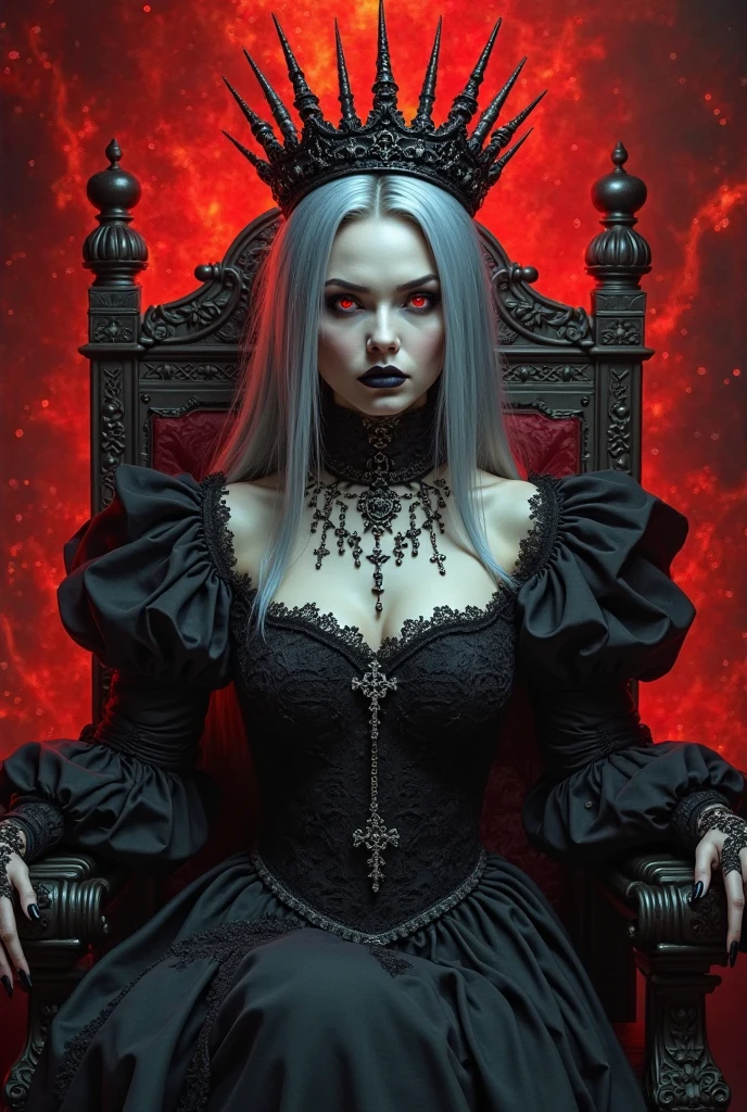 painting of a not emotional and cold Undead queen, spiked crown of hellfire, glowing red eyes, ((long white hair)), ((full length)), dressed in a closed formal suit, hyper-realistic, by Brom: Ultra-detailed of a corpse-pale queen. Elaborate crown of blackened metal spikes, each tip flickering with hellfire. Eyes blaze with intense red light, pupils like dying stars. Skin texture meticulously rendered, showing decay and otherworldly preservation. holds chains, metal collar in hands, Dark, tattered royal garments with intricate, shadowy patterns. Background of smoldering brimstone and distant, tortured souls. Brom's signature style of gothic horror mixed with dark fantasy elements.(intricate details), cinematic, professional, 4k, (((dynamic model pose))), sitting, full body, mesmerizing, dynamic, dramatic, dynamic pose,, cinematic scene, volumetric lights, ultra realistic, in the style of nicola samori