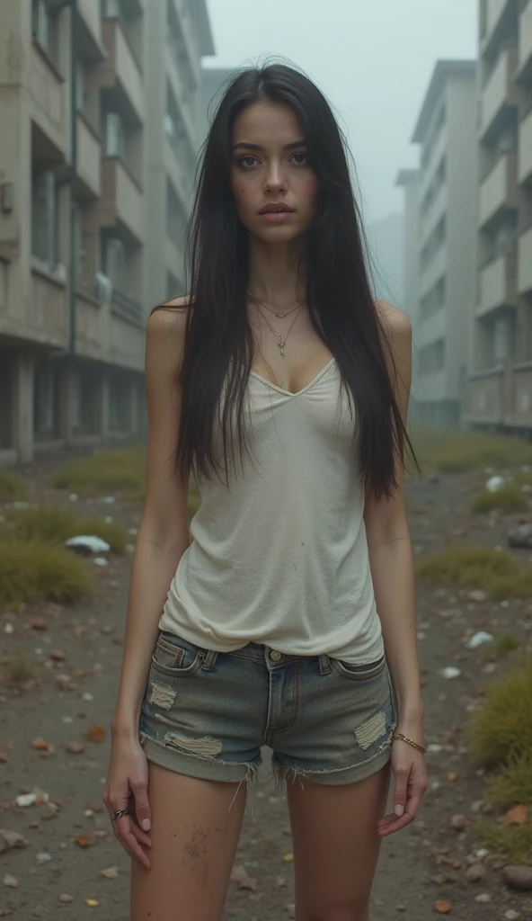 Anime Woman, look at viewer, long hair, shirt, jeans, cloud, day, sky,outdoors, post-apocalypse, ruins, scenery, tree, water,nude,hantai
