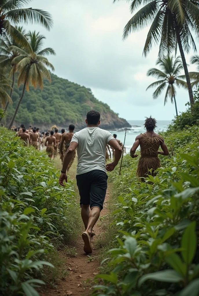 (sfw), 8k, RAW photo, Fujifilm, analog style photo of a group of guys running, hands raised, (muddy water:1.1) road, focus on eyes, in a jungle, moist, (body covered in dirty mud:1.3), brown skin, (highly detailed skin:1.4), morning, (wearing torn shorts:1.4), (barefoot:1.1),  toned body,