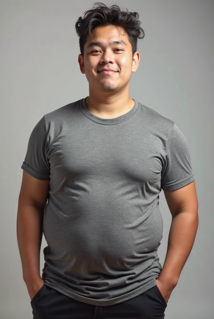 asiatic man, tall, swollen belly, big belly, muscular, hairy, glasses
