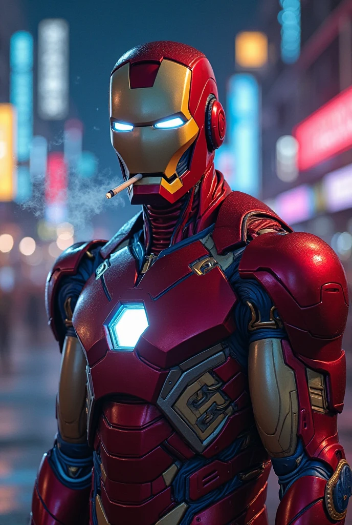 Iron man smoking the cigarate in rain