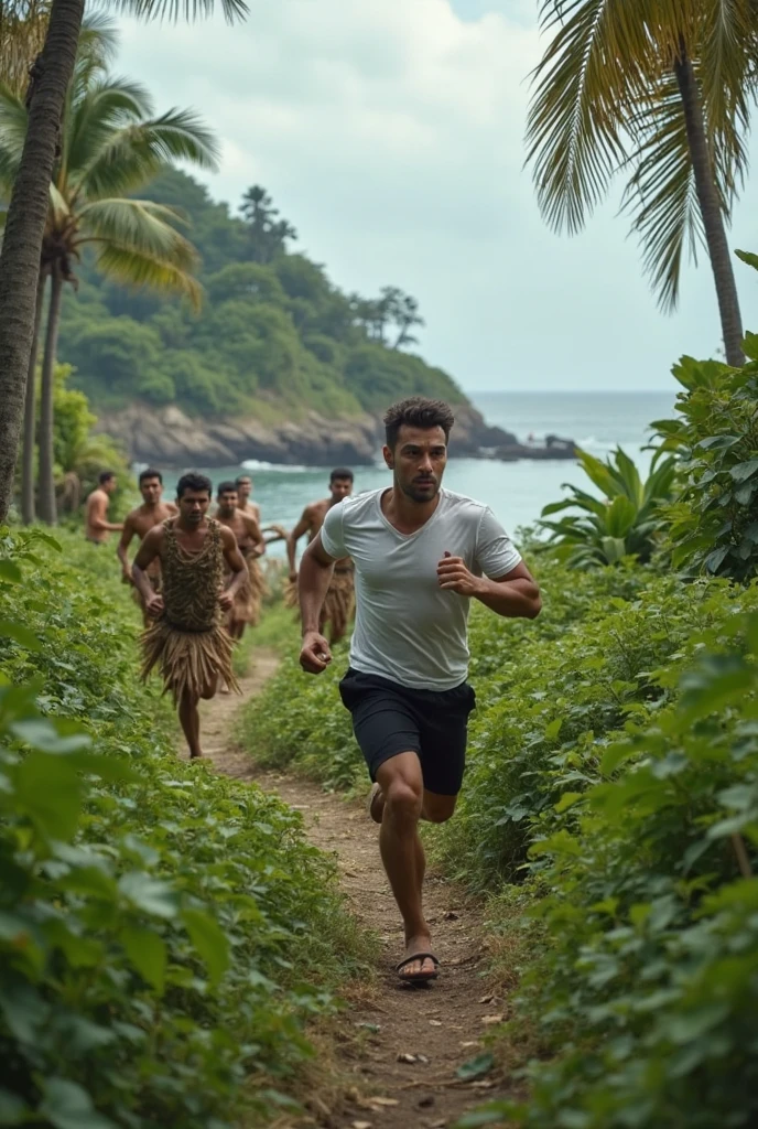 a muscular, tanned man, of Latin nationality, surrounded by ten women, in an island setting, sea in the background