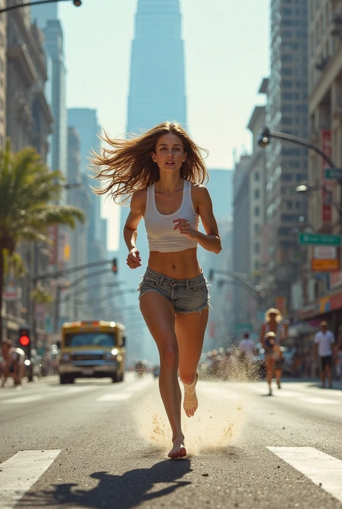 A naked woman running on the road, de subway surf