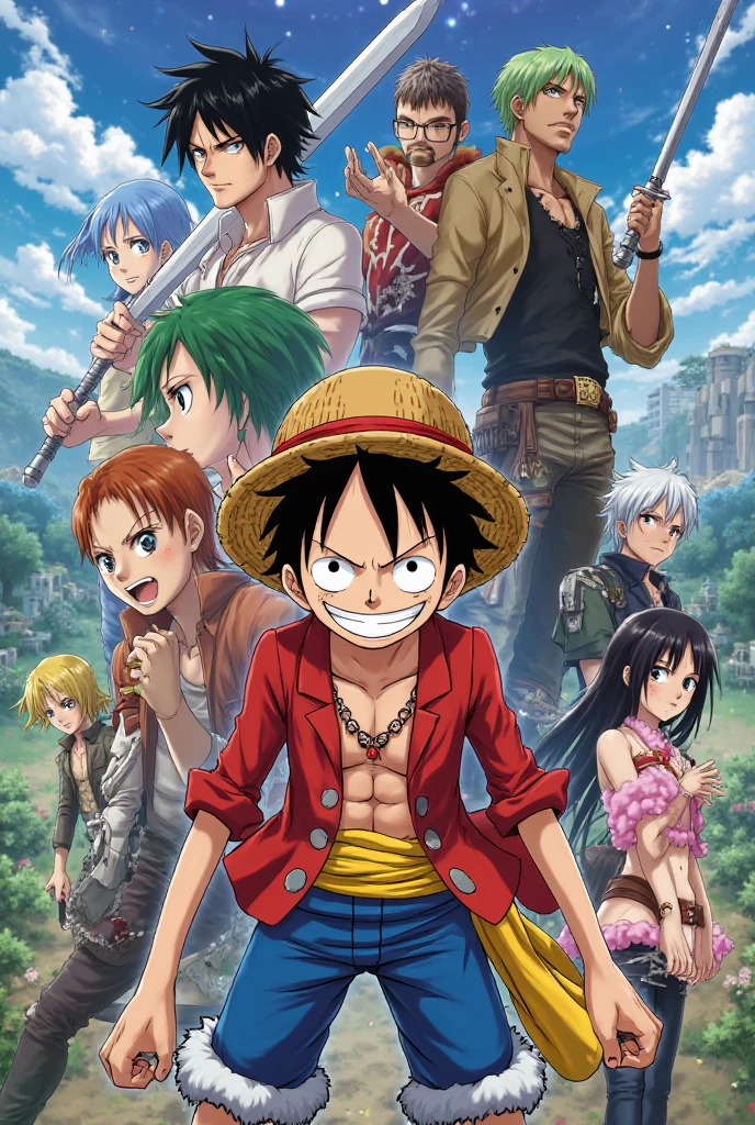 main character of anime one piece, naruto, bleach, dragon ball, JUJUTSU KAİSEN, black clover, attack on titan, demin slayer, and boku no hero academia in one frame