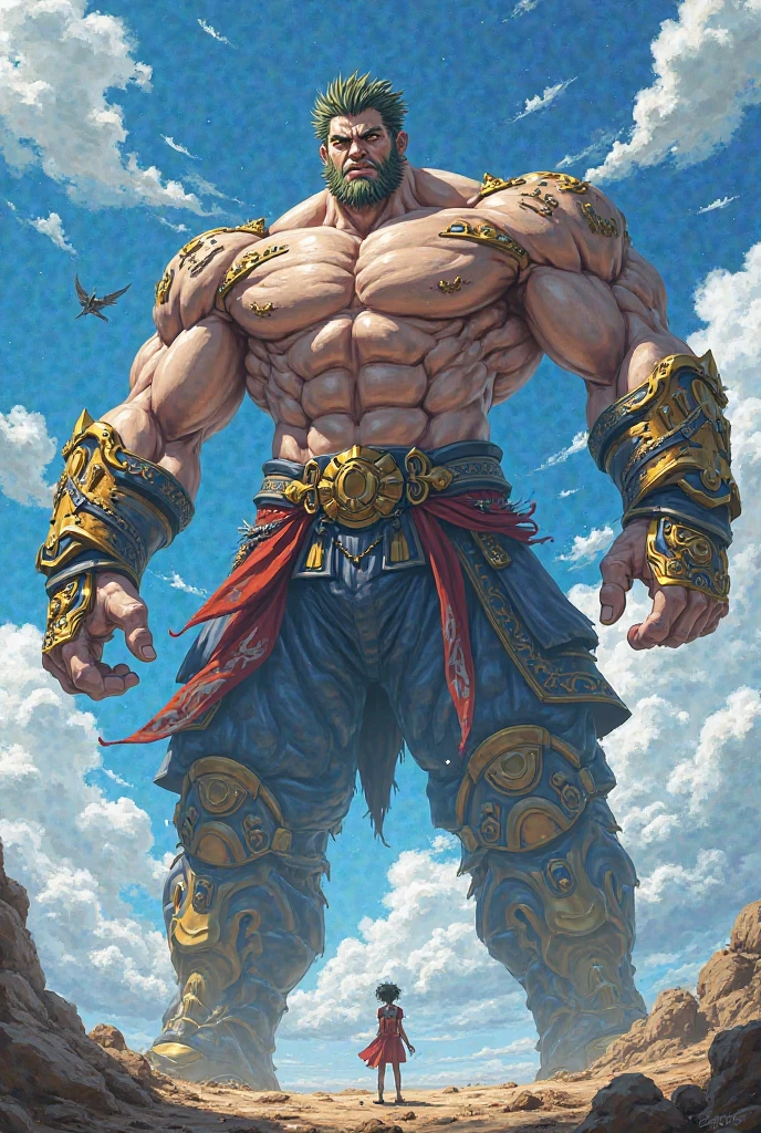 A male character looks up proudly, wearing the ancient bonus equipment, very proud, the background is very damaged battlefield, very broad and exquisite, hairy body, very small loincloth,