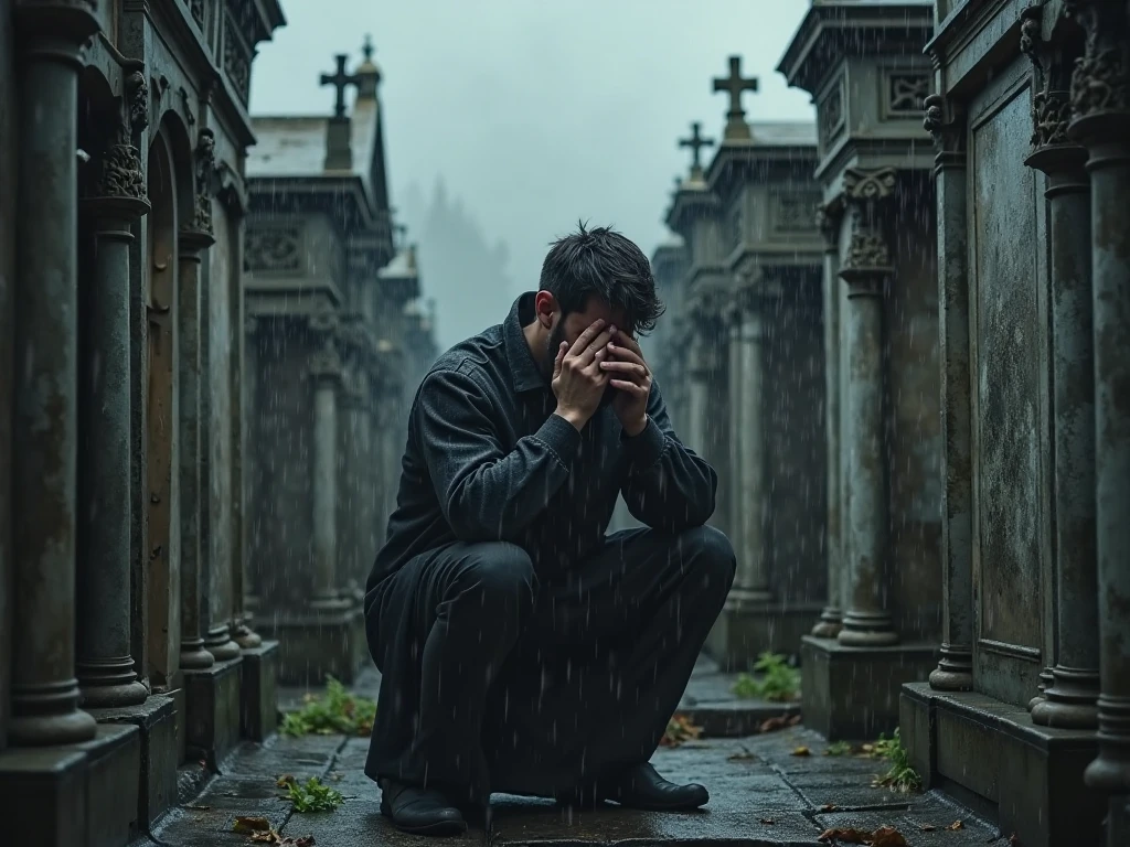 10 graves, and a man on his knees crying with his hand on his face
