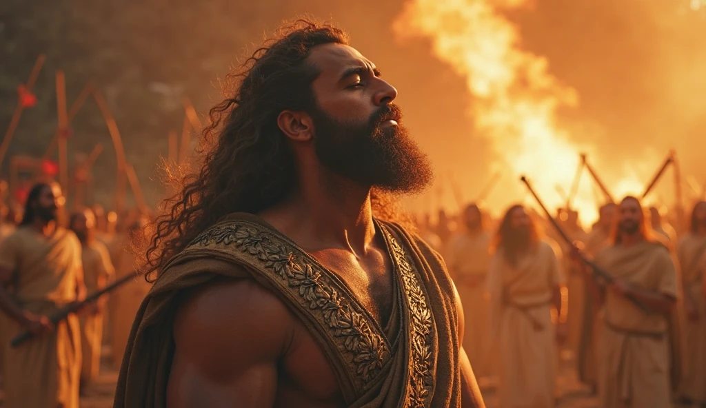 Create a realistic image where "A man standing firmly against a strong wind, with leaves and dust swirling around them, but they remain unshaken. The sky is stormy with dark clouds, but a ray of light breaks through, shining on the person's face. The person’s expression is of fierce determination, looking straight ahead, symbolizing unstoppable mental strength."