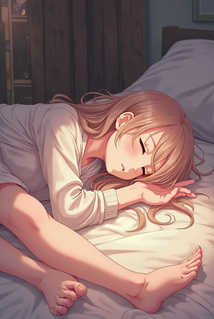 she is sleeping in bed. cute. eyes closed. night. Inside a dark room.