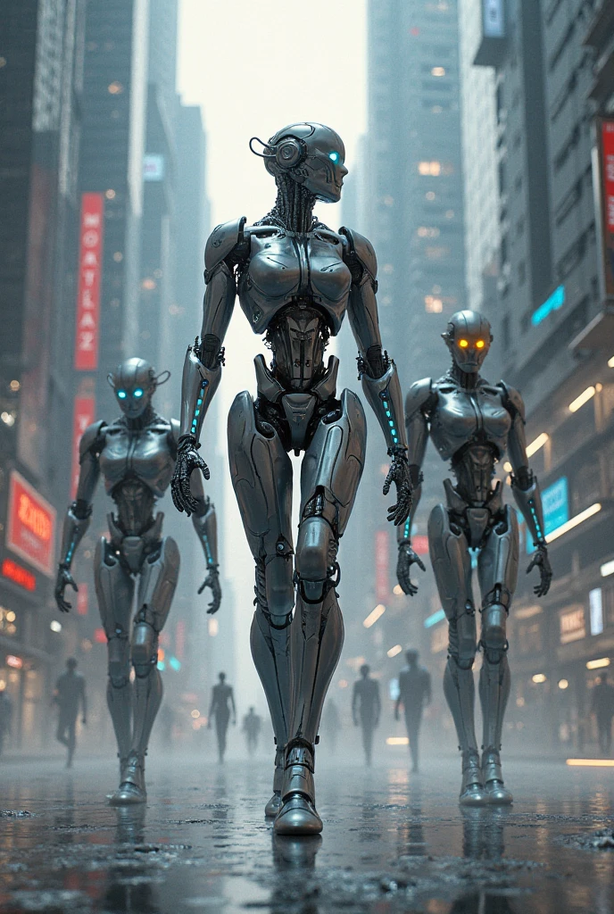 use this same model of robots, creating another image with hundreds of these robots you just created walking down a street
