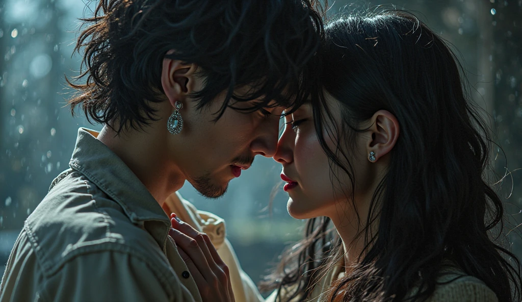 A female angel is kissing passionately a male demon, passion, love, very beautiful, highly detailed, 4k resolution, masterpiece,night forest scenario,digital art