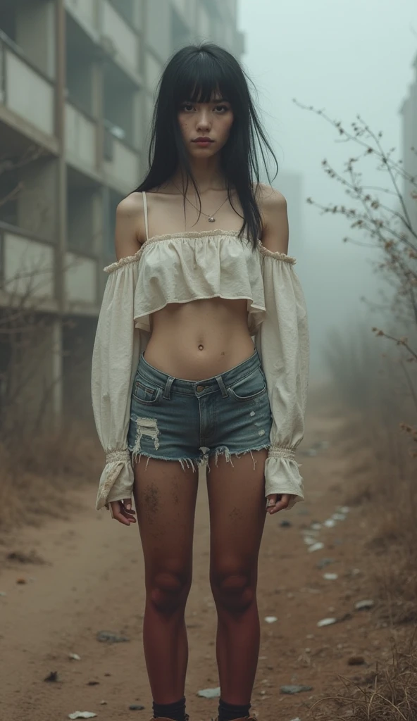 indulges in fetish, rubber black stockings, vintage jeans cut-offs, t-shirt, slave collar, stuck in bog, red, orange