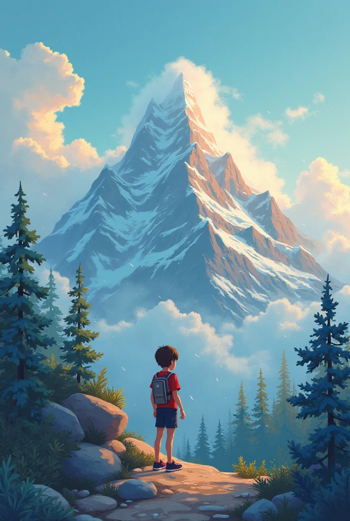 Create the back of a book cover featuring a realistic boy aged about. 12 years can be seen, who experiences an exciting adventure. Among other things, when swapping in the lake, Hiking in the forest, Climb into the mountains, Exploring caves and more