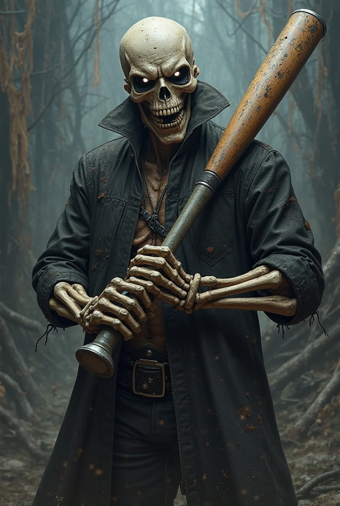 A striking and chilling 3D render grunge portrait of the enigmatic Voodoo god, Kalfu. This alpha male is drenched in blood, exuding an unsettling charm as he dons a stylish hat and sunglasses, eats raw meat with dominance. His skull-like face is partially revealed due to the tilted hat, while he holds a massive, blood-drenched and rusted sledgehammer in the other hand, aiming it ominously towards the camera. The haunting and powerful aura surrounding Kalfu is amplified by the dark and mysterious haunted landscape grunge background, featuring ominous apparitions and a sense of impending doom.