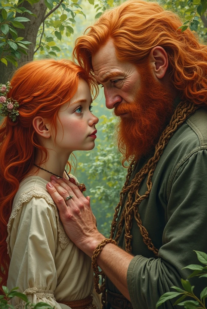 A beautiful young woman with long red hair holding , green eyes a small baby in her arms, the child's father is a stern-looking man with a hooked nose, ethereal lighting, detailed realistic portrait, cinematic composition, dramatic chiaroscuro lighting, deep emotional expression, cinematic quality, 4k, masterpiece, highly detailed, photorealistic