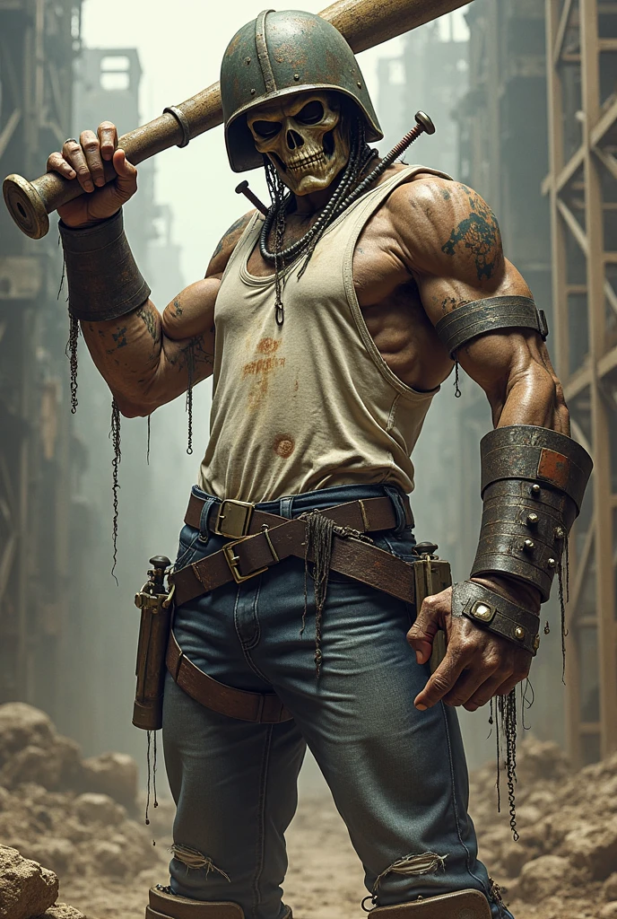 A portrait of a post-apocalyptic warrior with battle scars,Wearing half a metal mask,armor,and weapons,standing in a desolate wasteland,in a detailed digital painting with gritty textures, inspired by the Mad Max franchise, penis, fighting stance, pants, realistic, cinematic, best quality, detailed background, depth of field, intricate details, dynamic pose, dynamic angle, (huge-muscles), (large pectorals), (puffy nipples), sharp focus, soft lighting, vibrant colors, cinematic photography, dynamic angle, volumetric lighting, film grain, hard shadows