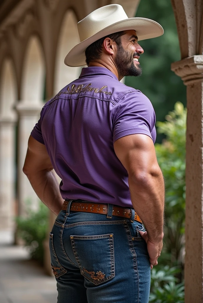 , handsome muscular cowboy, realistic, at the rodeo, short beard ((shirtless)), gray jeans backside, (((big butt)))
