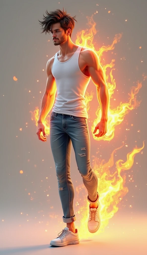 Realistic muscular white boy with red hair shirtless wearing tight jeans grabbing black leather belt tight around waist electric sparks emitting from belt buckle tennis shoes.