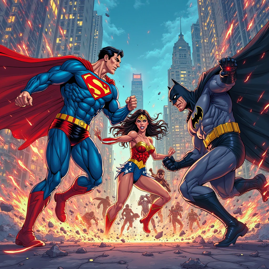 a graffiti-filled comic book world, wonderwoman, batman, superman, black panthere, iron man,vibrant colors, detailed comic characters (wonderwoman, batman, superman, black panthere, iron man), dynamic action scenes, fantasy landscapes, urban backdrops, intricate line work, bold outlines, cartoonish style, expressive characters, exaggerated features, graffiti tags, spray paint textures, comic book speech bubbles, high contrast lighting, comic book panels, visually engaging, energetic brush strokes, mixed media effects, visually popping colors, larger-than-life scenes