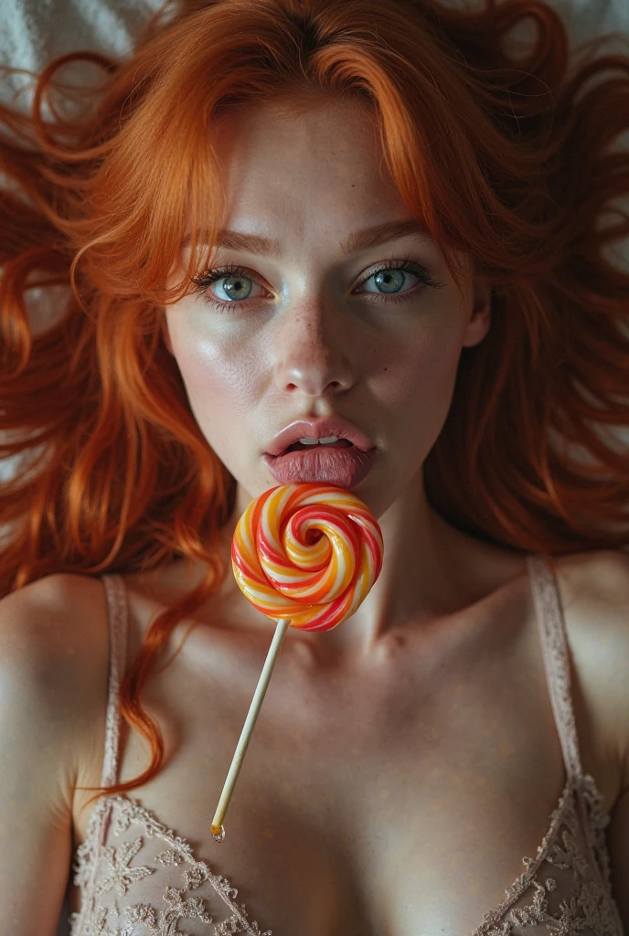 (full body shot:1) photorealistic image of a (laying pose:1) woman, ultrarealistic, photography, long red hair, woman, 24 years old, hourglass figure, perfect body, Flirty look, natural medium breasts, blur background, her wet tongue licking a thick and long rainbow-coloured spiral lollipop, a little bit of saliva is dripping from her tongue, seductive look, long eyelashes, cat-eye make-up