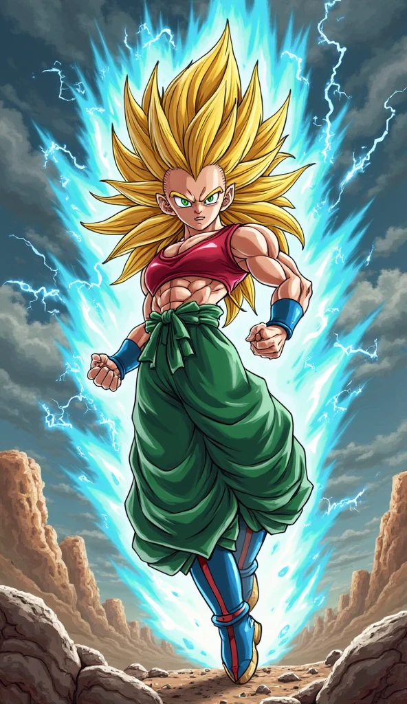 masterpiece, best quality, highest quality, perfect anatomy, perfect face, perfect eyes,
<lora:gotenx_ss3_lora_01:0.7>, gotenxsampler, solo, 1boy, super saiyan, blonde hair, muscular, spiked hair, grin, long hair, abs, very long hair, big hair, no eyebrows, teeth, pectorals,
white pants, white baggy pants, blue vest, black wristband, green sash, aqua eyes, kid, Kamehameha, open arms, energy around, high energy, chi, super saiyan 3, blue energy ball