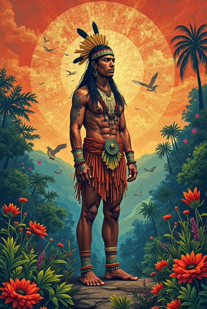 Mural of indigenous medicinal plants and bird diversity in Colombia with an indigenous person