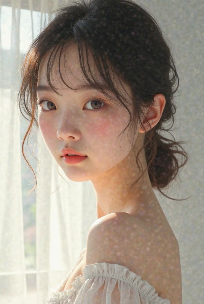 (((Masterpiece))), (((portrait))), Kujou Sara, diffused light, dynamic shadows, sharp focus, realistic, detailed, highres, absurdres, white background, no bra, photorealistic, lifelike, wet, mascara, blushing, sleeveless, youthful appearance, pee stain, white panties, (((nudist))), (((swept bangs))), (((side braided ponytails))), (((lips apart))), (((side))),