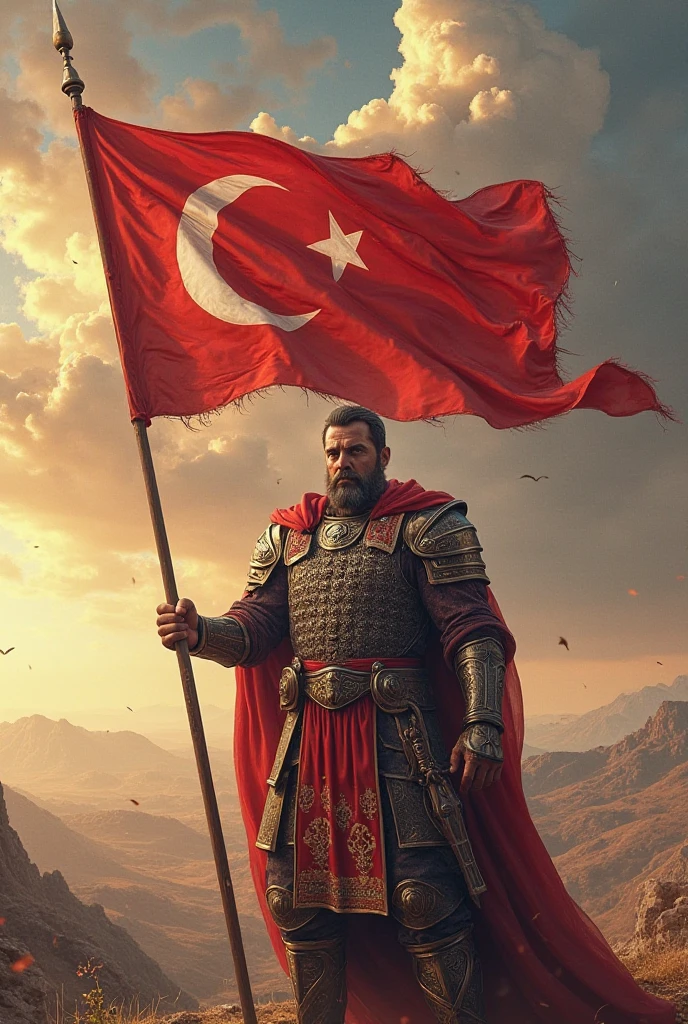 crie uma imagem de um guerreiro segurando uma bandeira com este símbolo ♂ estampado nela,  winning a war with dead women around him
