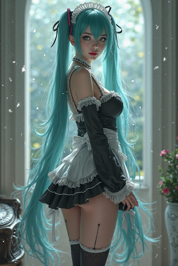 masterpiece, best quality, ass_visible_through_thighs, spread , dusk, sunset, landscape/scenery, , adorable girl, kawaii, long hair, aqua hair, ahoge, asymmetrical bangs, blunt bangs, blue hairband, loliairband, crescent hair ornament, hairclip, cute face, eyes closed, fox_ears, smirk, closed eyes, blue eyes, breasts, small breasts, lolita_fon, gothic_lolita, garttraps, white thighhighs, panties under pantyhose, panty & stocking with garterbelt, white legwear, ribbon-trimmed legwear, lace-trimmed legwear, mismatched legwear, mary_janes, halo, bowtie, hair_bow, maid_headdress, head tilt, looking down, skirt lift,