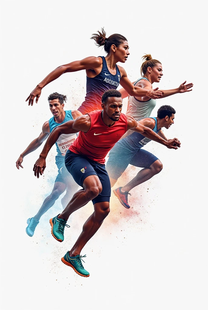 Female and male athletes of different nationalities in Olympic clothing facing a high hurdle Black people, white