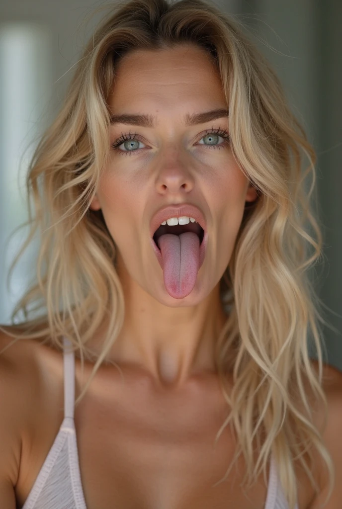 Closeup of a beautiful young woman, mouth very wide open, tongue out, tongue out trying to catch raindrops that are not there on her tongue, eyes wide open in a crazed look, long blond messy hair, wearing a tiny and revealing lingerie, she's wearing a sexy pink micro bandeau bra and sexy micro white panties, deep cleavage teasing a firm breast, holding her breasts, extreme skin detail, ultra realistic, 8k, wallpaper, kneeling on the dirty floor