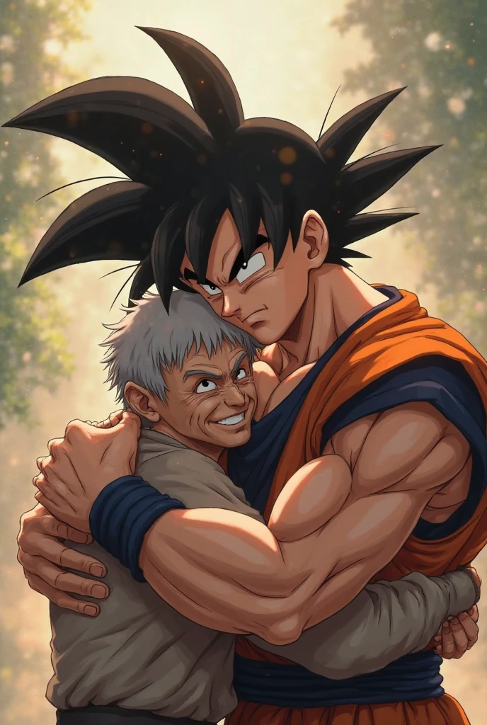 Give me a big painting of Goku and his grandfather Gohan from dragon bsll, hugging and in the background the dragon of the 7 spheres in a blue sky