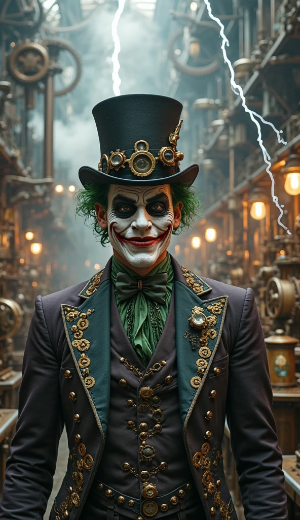 A steampunk clown with brass gears and mechanical makeup, green steam rising from his face, and Victorian-era attire. The background is a dark, foggy street.