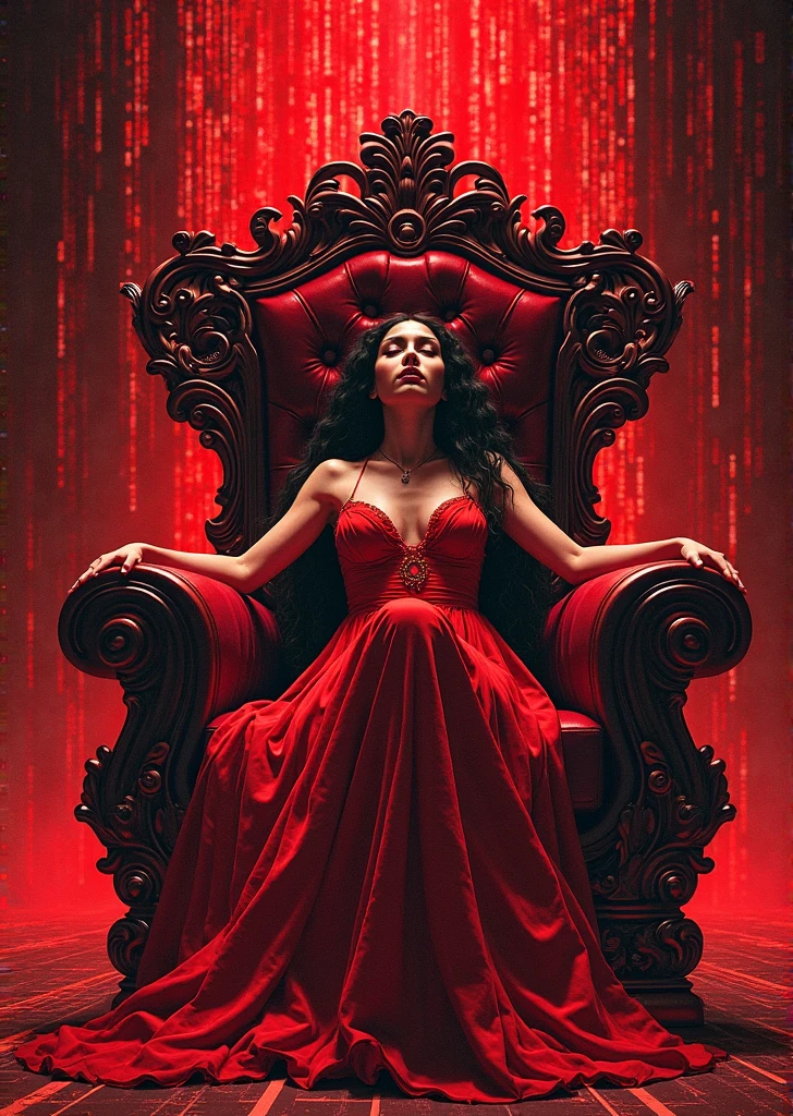 Blue Hair、Shortcuts、woman、Serious expression、Throne、sit、Crossing your legs Shine、Red World、Background giant yellow magic circle