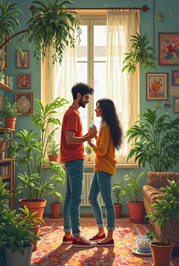 Scene Description: Show a humble home where Sudhava and his wife Sudeha live. Sudeha is sitting by the window, looking sad as she thinks about not having children. Sudhava is comforting her, with a gentle expression on his face.
Focus: The couple's bond and Sudeha’s sorrow.
Marriage of Ghushma and Sudhava: in Cinematic 3d style cartoon image 
