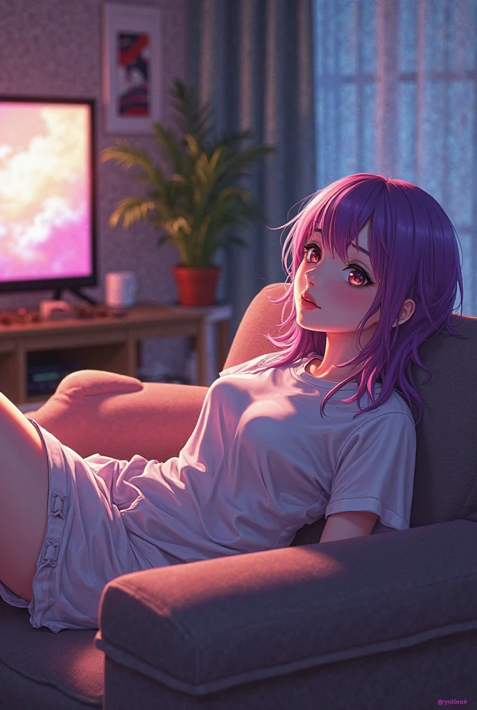 (photorealism:1.2), beautiful woman, white background, purple pajama, wearing headphone, purple pajama pants, short purpel hair, indoors, soft lighting, cozy room, sweet pose, realistic, intricate details, warm colors, by Greg Rutkowski, by Alphonse Mucha