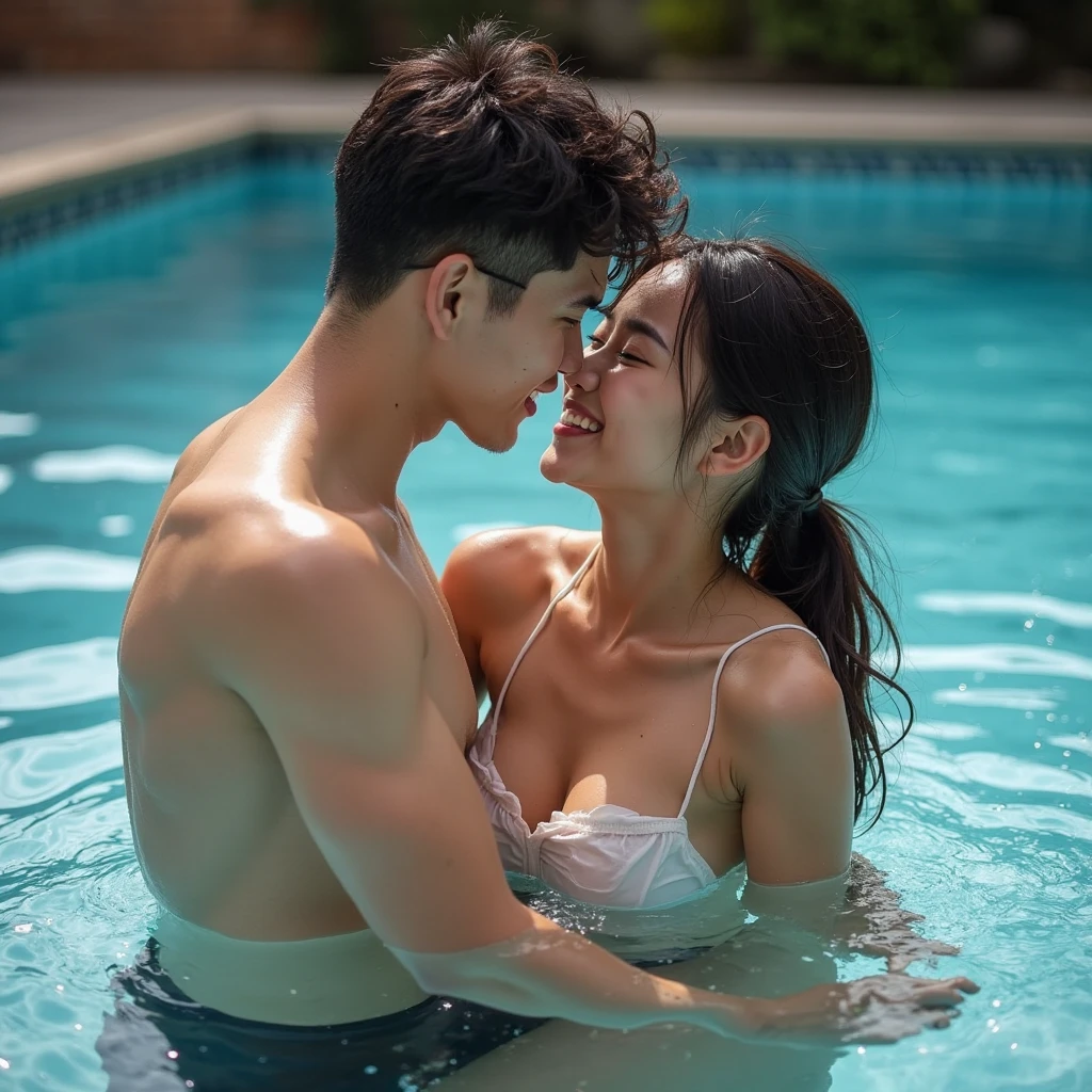 ((best quality)), ((Masterpiece)), (details), perfect face, A 30-year-old Asian man and woman were hugged from behind., in the swimming pool, naked, smile