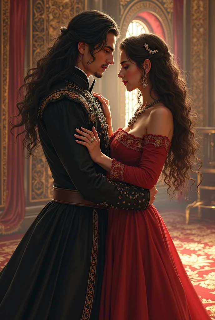 Fantasy illustration of a princess in a red dress, handsome prince, ethereal, detailed, highres, romantic, fantasy, detailed dress, love, intricate details, magical atmosphere,couple, couple, sensual, sultry, kissing