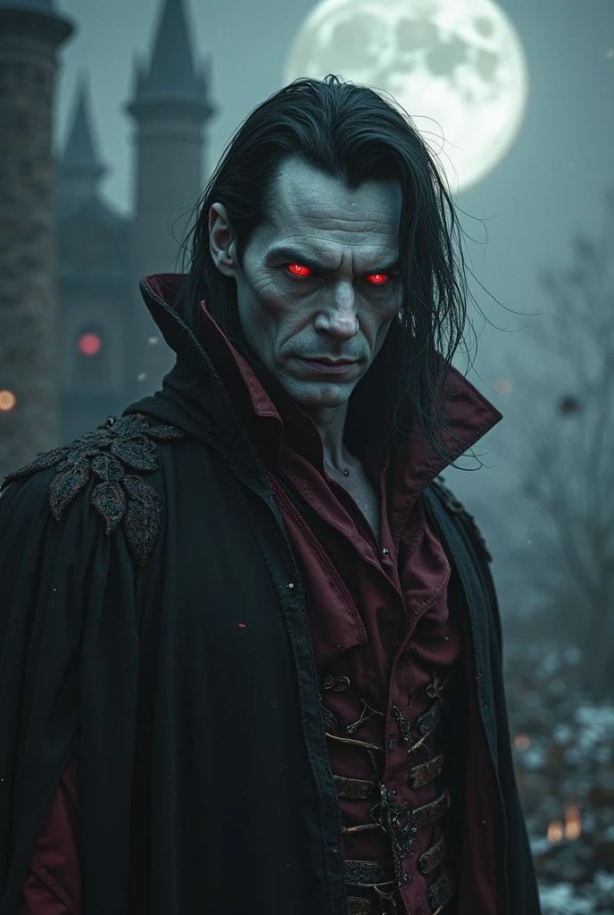 A hyperrealistic vampire in 4K, with extremely pale, translucent skin, piercing red eyes with torn pupils.  His face is angular , with sharp cheekbones and fangs barely peeking out of his mouth. His hair is dark, long and flowing, reflecting a supernatural glow. Wear a black tunic with dark red details, made of old, worn fabrics. Moonlight illuminates his figure,  casting sinister shadows . bottom: a ruined Gothic castle under a giant full moon. The environment is cold and hazy
