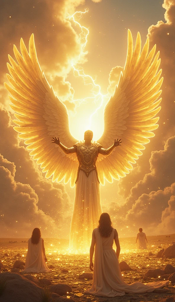 holy paladin, glowing light eyes, glowing golden wingiomechanicals, The colors are very vivid, Light particles, Glowing light angel, wings on angel's back, Mshiv, wallpaper art, ultra HD wallpaper, looking upon a super Gigantic God with light covering God's face, with white hair and white beard and handsome, seated on his large golden white thrown, 32K UHD, style raw.