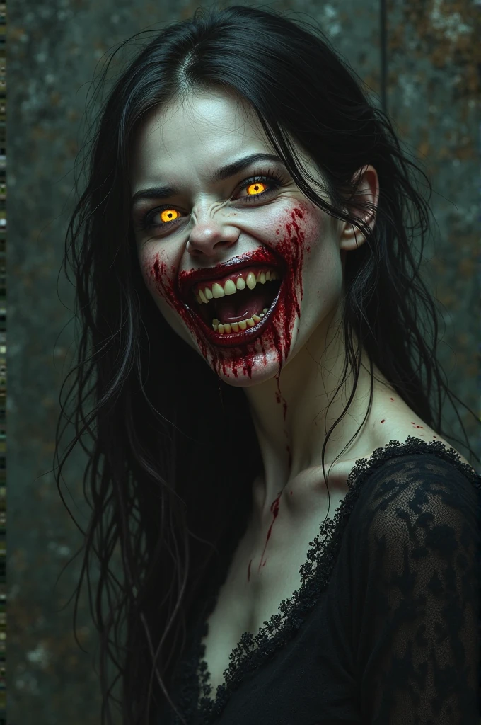 she、A woman with a pale face and white skin、Scary appearance with black eyes。Split mouth。Her mouth is covered in red lipstick and is torn open all the way to her ears.。Laughing while bleeding。long, Black Hair; she、Wearing a black dress。She's wearing a red coat over it., she恐ろしい見た目, she赤いベレー帽をかぶっています。Her eyes are black。The background is a horror-like black。The angle of view is only the face and shoulders、Show me.。sheとても怒っている。Very scary face。Glaring。Baring his fangs。Eyes are bloodshot。