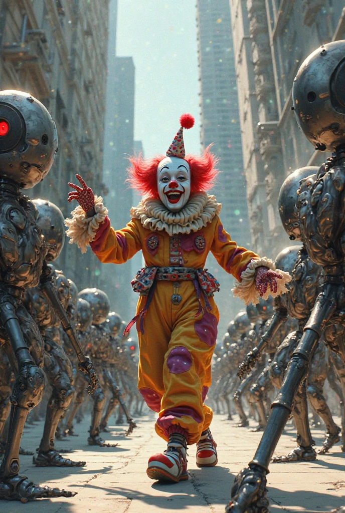 postapocalyptic photography, extreme high angle, a robotic clown in a ruined cityscape, mechanical melancholy, emotionless face, rusted parts, devastated city, broken lighting, overcast dawn, desolation, rust and steel, scattered focus, debris effects, apocalyptic theme, far future, shot on Nikon Z7 II, telephoto lens, 200mm, H.G. Wells style, futurism dystopian, mechanical despair, jagged metal, cracked concrete, isolation, despondency, city of clowns, fragmented vision
