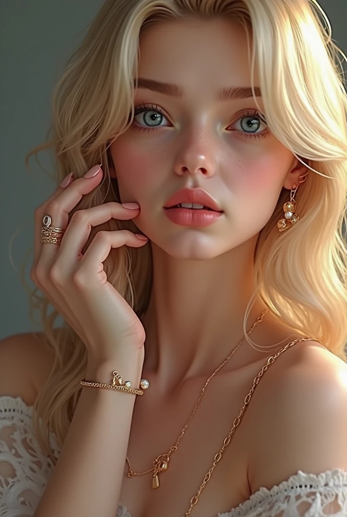 beautiful blonde realistic girl、16 year old girl、realistic pictures、complete nudity、Very sexy photos、Portrait from the butt up、Angle that emphasizes the face、Face is the focus、Ethereal beauty, long golden waves cascading down her shoulders, ((detailed face:1.2)), ((detailed faceの特徴)), delicate skin、Reflectors that add depth to her attractive features, Photographed with Canon EOS R5, 50MM lens, f/1.8, High resolution, (8K) (wallpaper) 、shadowless lighting、studio lighting、soft light, ((david hamilton style)), Bedroom in a luxury hotel in Rome、night、Warm and calm indoor lighting、classic luxury decoration、big bed、big pillow、16 year old adult american female、translucent white skin、very white skin、clean skin without blemishes、Very big face、silky delicate blonde hair、Gorgeous wavy hair like an actress、thin eyebrows、long eyelashes、Horizontally long and very beautiful blue eyes、highlight on eyes、Clear double eyelids、red lips、smile a little、the most beautiful face、head turned to the side、looking to the side、marilyn monroe&#39;s daughter、Eyes half closed、 body type、thin and long neck、small breasts、small nipples、small butt、large and luxurious gold necklace、Big gold earrings in the ears、Realistic anatomically correct body、very close up of the face、Portrait from the butt up、completely from the side、from a little below、