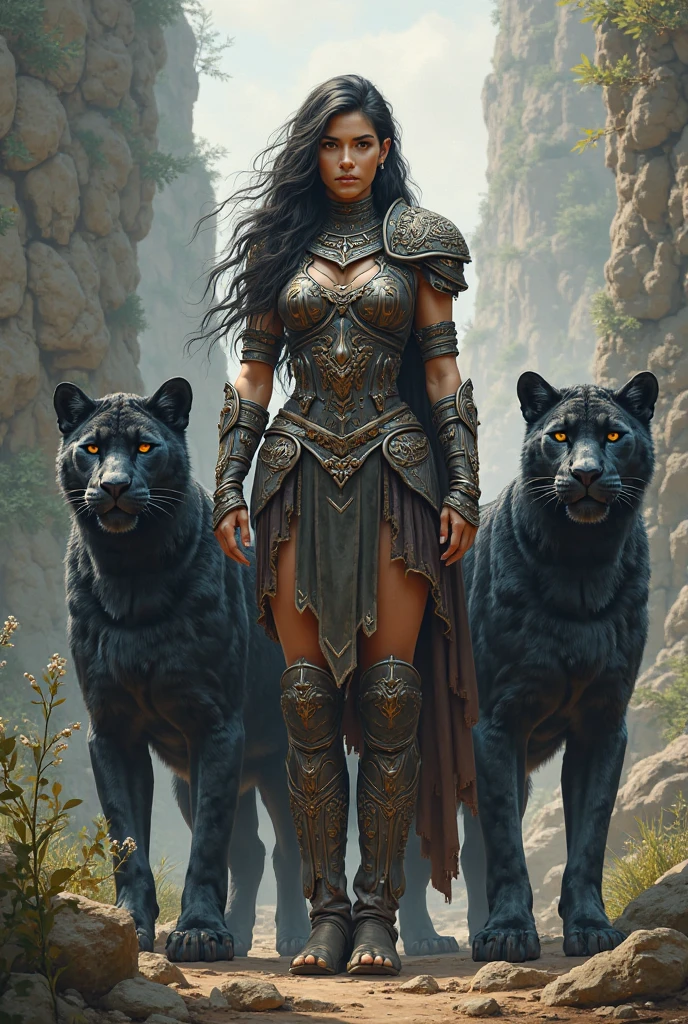 a very high resolution image of a warrior and a black lion. The image was created in a real anime style, highly detailed, and shows a beautiful warrior wearing only scraps of clothing, which leave her entire tattooed body visible with a highlight. The high detail of the image with soft and romantic shading, with cinematographic lighting, leaves the image with a perfect composition. This captivating scene is captured in stunning high-tech digital art, where every pixel conveys a sense of surreal, otherworldly beauty. The colors are vibrant, electric and pulsating, bringing the heroic figure to life in mesmerizing detail